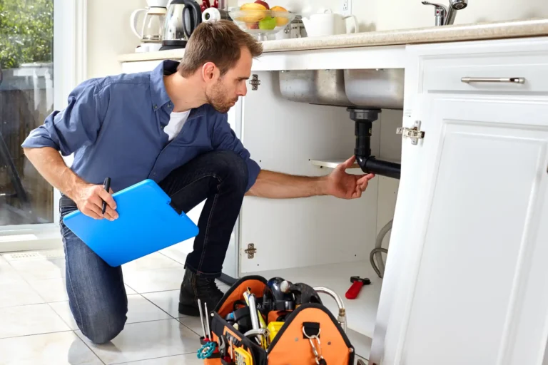A man kneels on the kitchen floor inspecting pipes under a sink, holding a blue clipboard, with a toolbox nearby.